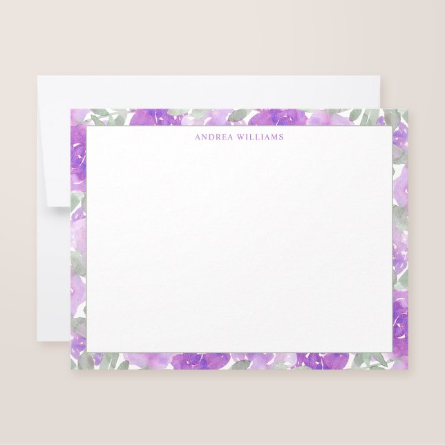 Purple Watercolor Floral Border Personalized Note Card (Creator Uploaded)