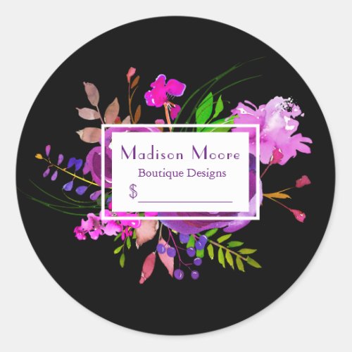 Purple Watercolor Floral Bouquet Price Business Classic Round Sticker