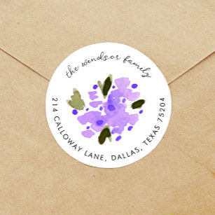 Purple Watercolor Floral Bouquet Return Address Classic Round Sticker