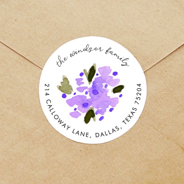 Purple Watercolor Floral Bouquet Return Address Classic Round Sticker (Purple floral bouquet return address label round sticker.)