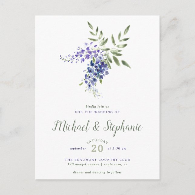 Purple Watercolor Floral Bouquet Wedding Invitation Postcard (Front)