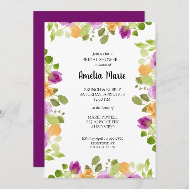 Purple Watercolor Floral Bridal Shower Invitation (Front/Back)