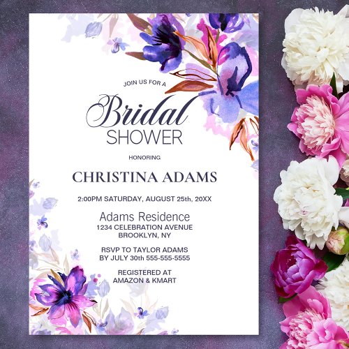 Purple Watercolor Floral Bridal Shower Invitation