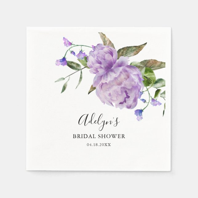 Purple Watercolor Floral Bridal Shower  Napkins (Front)