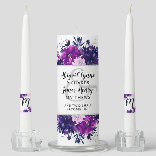 Purple Watercolor Floral Bride  Groom Monogram Unity Candle Set