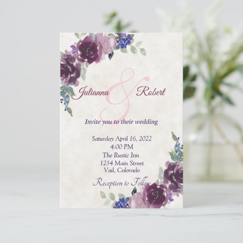 Purple watercolor floral budget wedding invitation