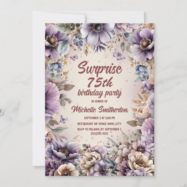 Purple Watercolor Floral Butterflies Surprise 75th Invitation (Front)