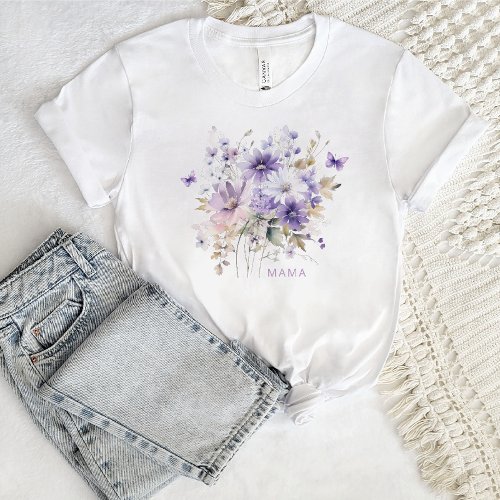 Purple Watercolor Floral Butterfly Mama Name T_Shirt