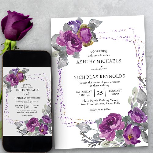 Purple Watercolor Floral Confetti Frame Wedding Invitation