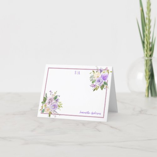Purple Watercolor Floral Corners Name  Monogram Thank You Card