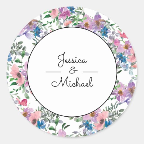 Purple Watercolor Floral Couples Names White Classic Round Sticker