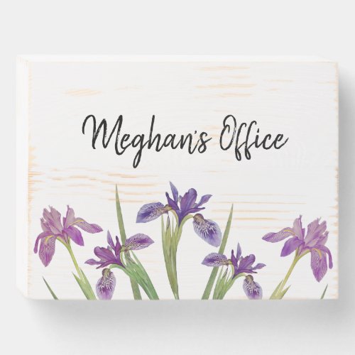 Purple Watercolor Floral Custom Name Room Office Wooden Box Sign