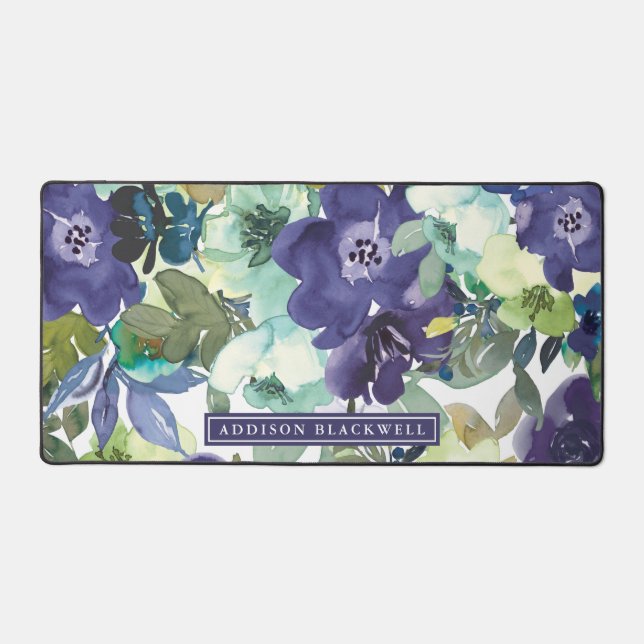 Purple Watercolor Floral Desk Mat and Custom Name (Front)