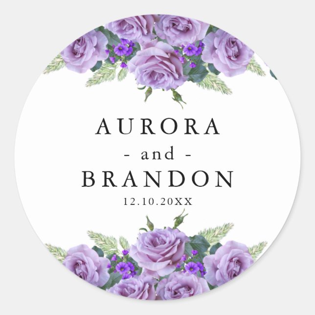 Purple Watercolor Floral Elegant Wedding  Classic Round Sticker (Front)
