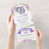 Purple Watercolor Floral Elephant Baby Shower All In One Invitation