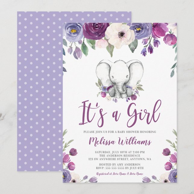 Purple Watercolor Floral Elephant Girl Baby Shower Invitation (Front/Back)
