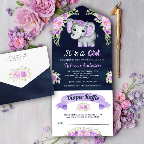 Purple Watercolor Floral Elephant Navy Baby Shower All In One Invitation