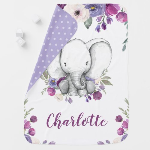 Purple Watercolor Floral Elephant Personalized Baby Blanket