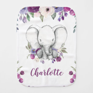 Purple Watercolor Floral Elephant Personalized Baby Burp Cloth
