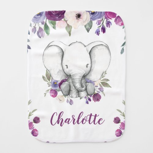 Purple Watercolor Floral Elephant Personalized Baby Burp Cloth