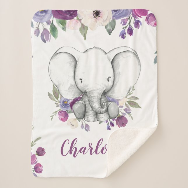 Purple Watercolor Floral Elephant Personalized Sherpa Blanket (Front)