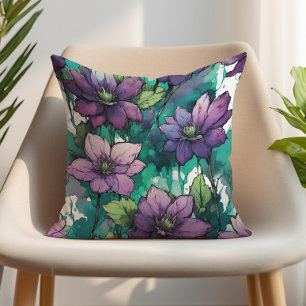 Purple Watercolor Floral Emerald Green Leaves Throw Pillow