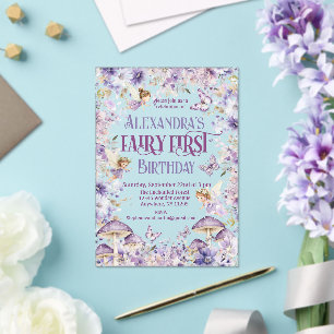Purple Watercolor Floral Fairy First Birthday Acrylic Invitations