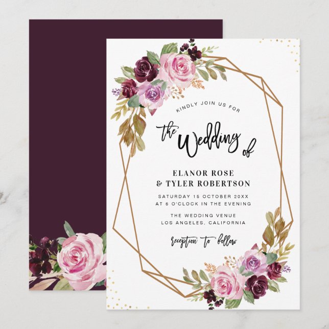 purple watercolor floral fall wedding invitation (Front/Back)
