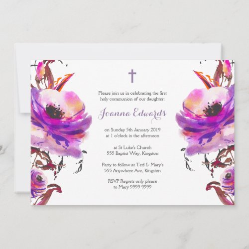 Purple Watercolor Floral First Communion Invitation