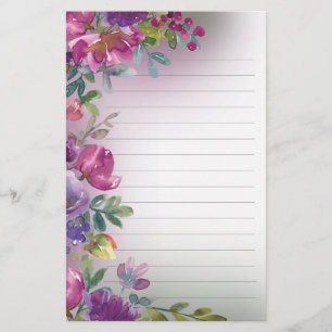Purple Watercolor Floral Foliage Nature Lined Stat Stationery