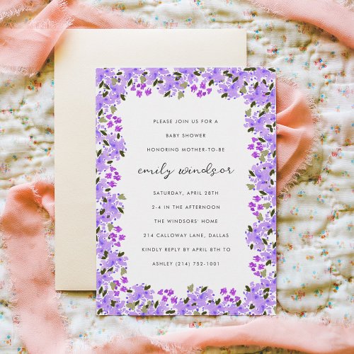 Purple Watercolor Floral Garden Baby Shower Invitation
