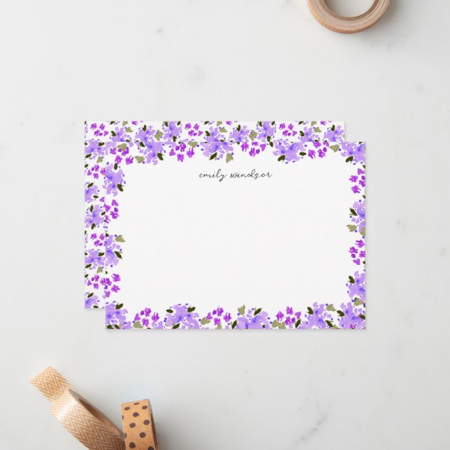Purple Watercolor Floral Garden Personalized Note Card (Front/Back In Situ)