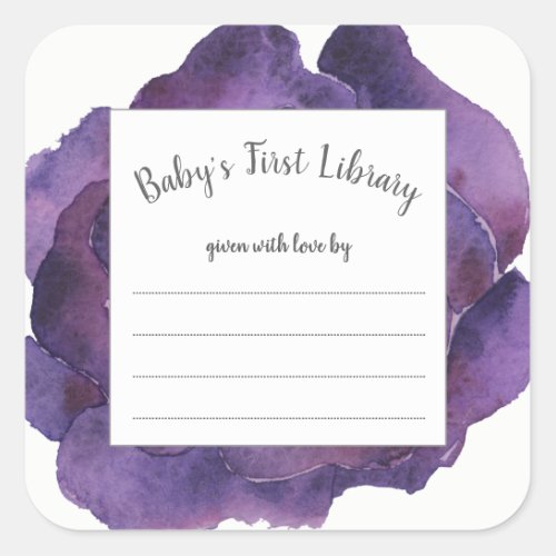 Purple watercolor floral  girl baby shower book square sticker
