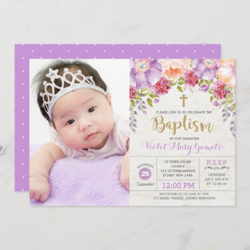 Purple Watercolor Floral Girl Baptism Christening Invitation