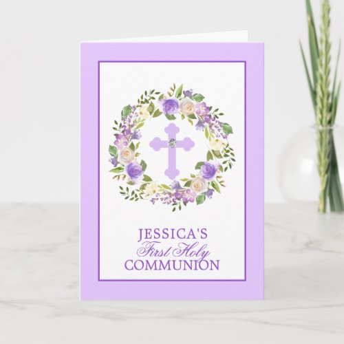 Purple Watercolor Floral Girl First Holy Communion Card