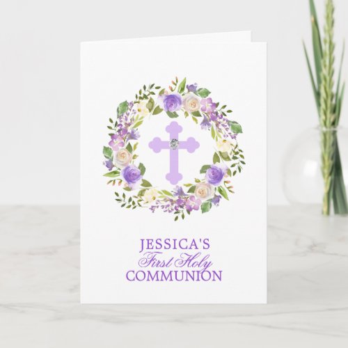 Purple Watercolor Floral Girl First Holy Communion Card