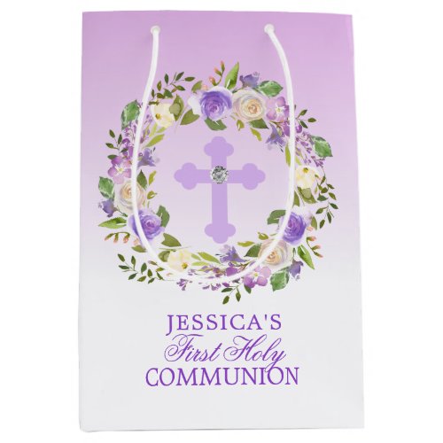Purple Watercolor Floral Girl First Holy Communion Medium Gift Bag