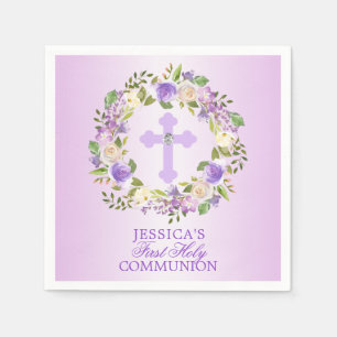 Purple Watercolor Floral Girl First Holy Communion Napkins