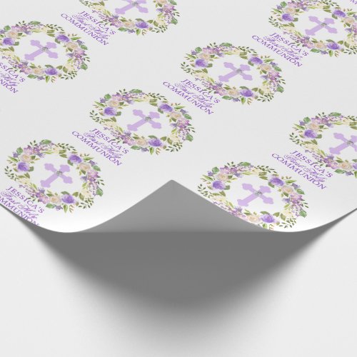 Purple Watercolor Floral Girl First Holy Communion Wrapping Paper