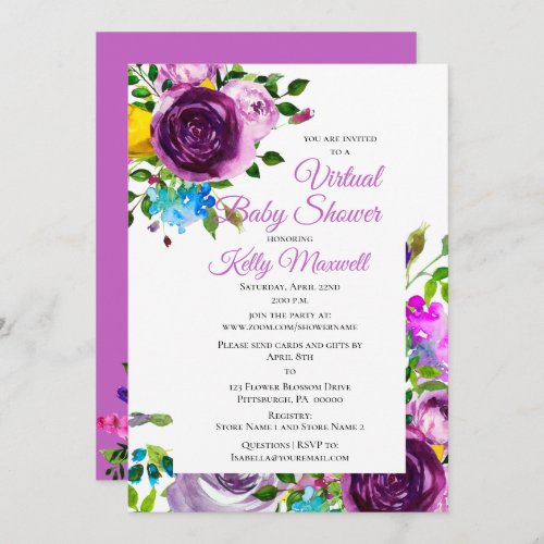 Purple Watercolor Floral Girl Virtual Baby Shower  Invitation