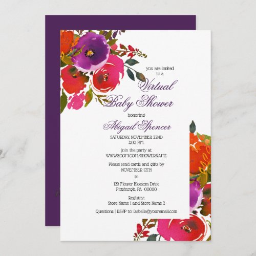 Purple Watercolor Floral Girl Virtual Baby Shower  Invitation