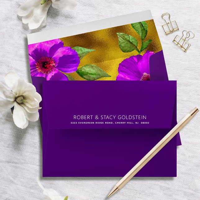 Purple Watercolor Floral Gold Bat Mitzvah Modern Envelope (Creator Uploaded)