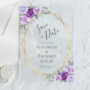 Purple Watercolor Floral Gold Frame Save the Date
