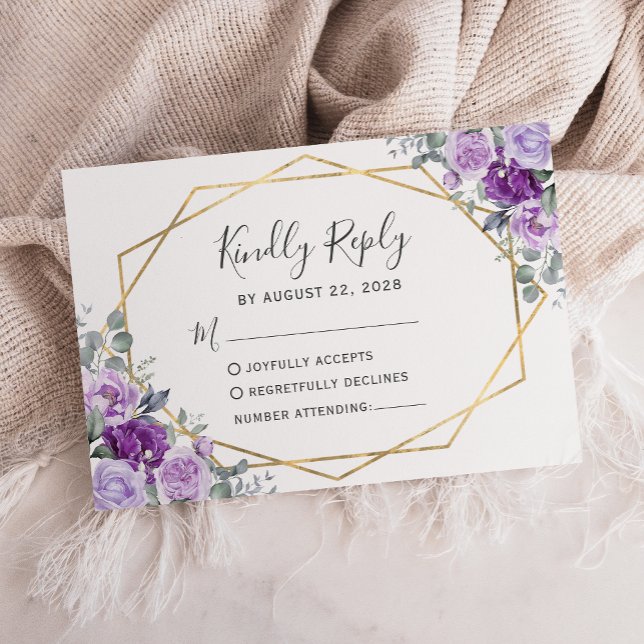 Purple Watercolor Floral Gold Frame White RSVP Card (Creator Uploaded)