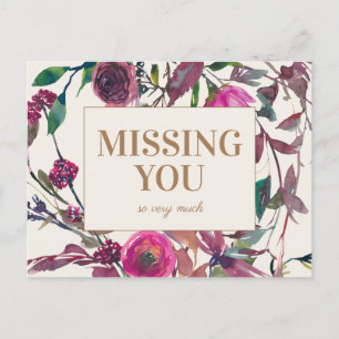Purple Watercolor Floral Gold Missing You Postcard