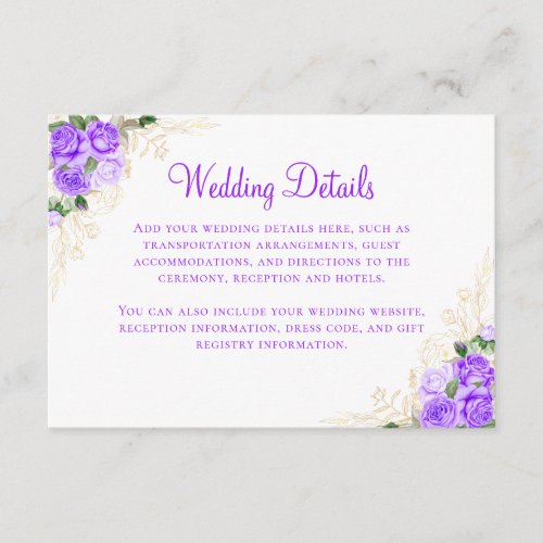 Purple Watercolor Floral Gold Wedding Details Enclosure Card