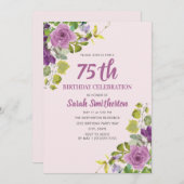 Purple Watercolor Floral Green Vines 75th Birthday Invitation (Front/Back)