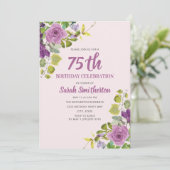Purple Watercolor Floral Green Vines 75th Birthday Invitation (Standing Front)