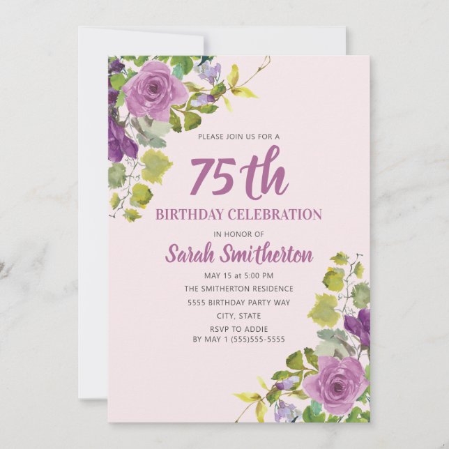 Purple Watercolor Floral Green Vines 75th Birthday Invitation (Front)
