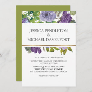 Purple Watercolor Floral Green Vines Gold Wedding Invitation